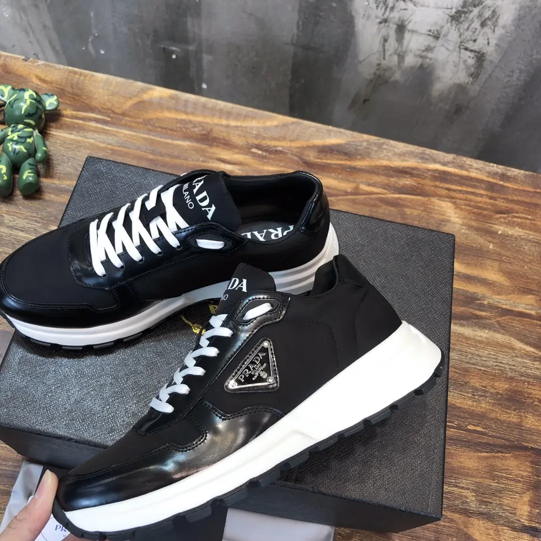 Prada Men’s Casual Sneakers – Black and White, Waterproof Fabric,  Leather Lining, Replica Prada Shoes, High Quality Sneakers, Sizes 38-44 (Custom 45 Non-Returnable Affordable 200