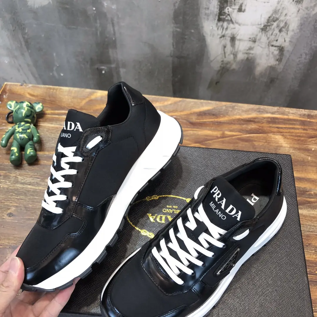 Prada Men’s Casual Sneakers – Black and White, Waterproof Fabric,  Leather Lining, Replica Prada Shoes, High Quality Sneakers, Sizes 38-44 (Custom 45 Non-Returnable Affordable 200