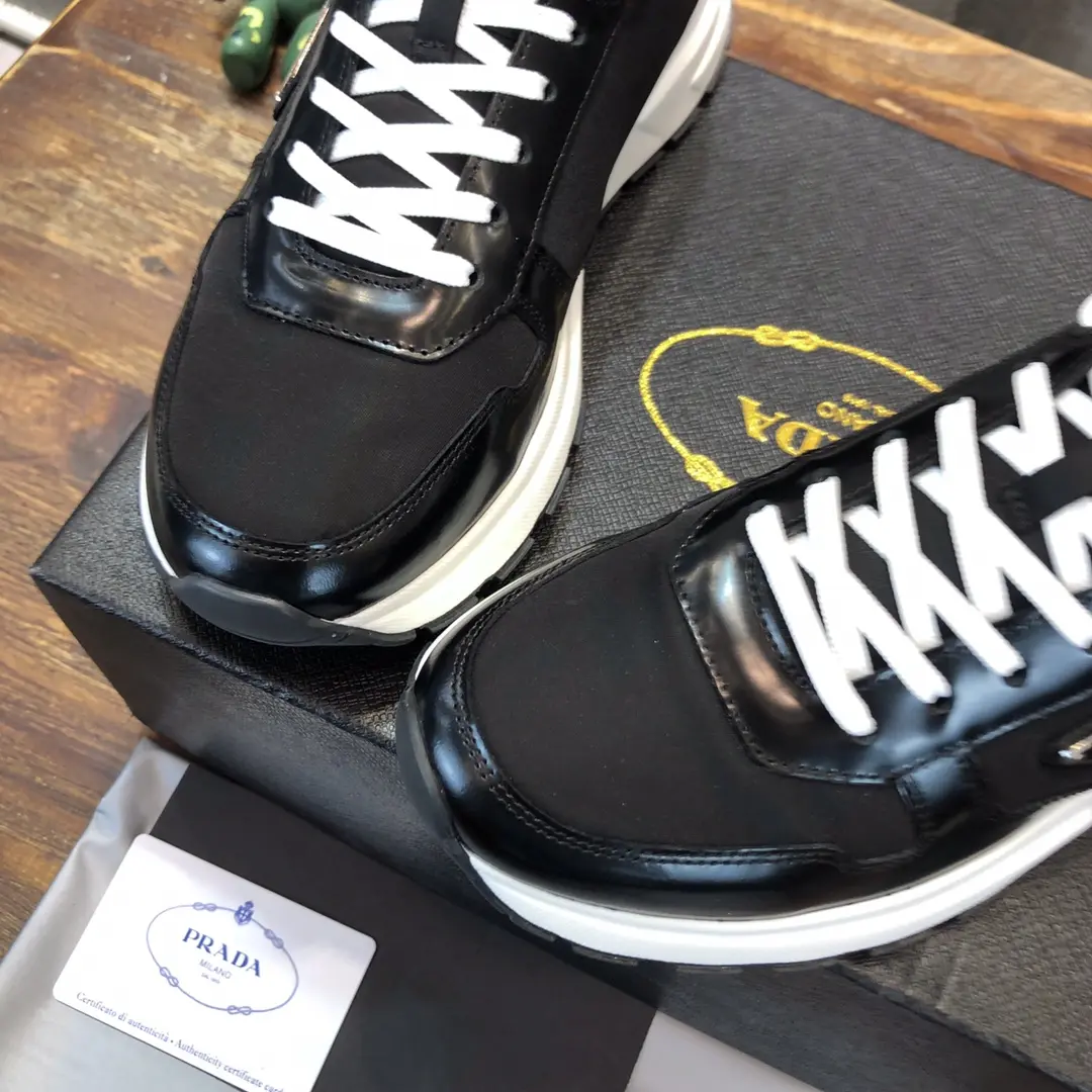Prada Men’s Casual Sneakers – Black and White, Waterproof Fabric,  Leather Lining, Replica Prada Shoes, High Quality Sneakers, Sizes 38-44 (Custom 45 Non-Returnable Affordable 200