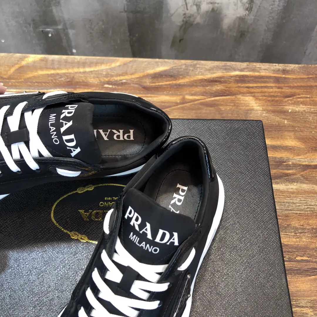 Prada Men’s Casual Sneakers – Black and White, Waterproof Fabric,  Leather Lining, Replica Prada Shoes, High Quality Sneakers, Sizes 38-44 (Custom 45 Non-Returnable Affordable 200