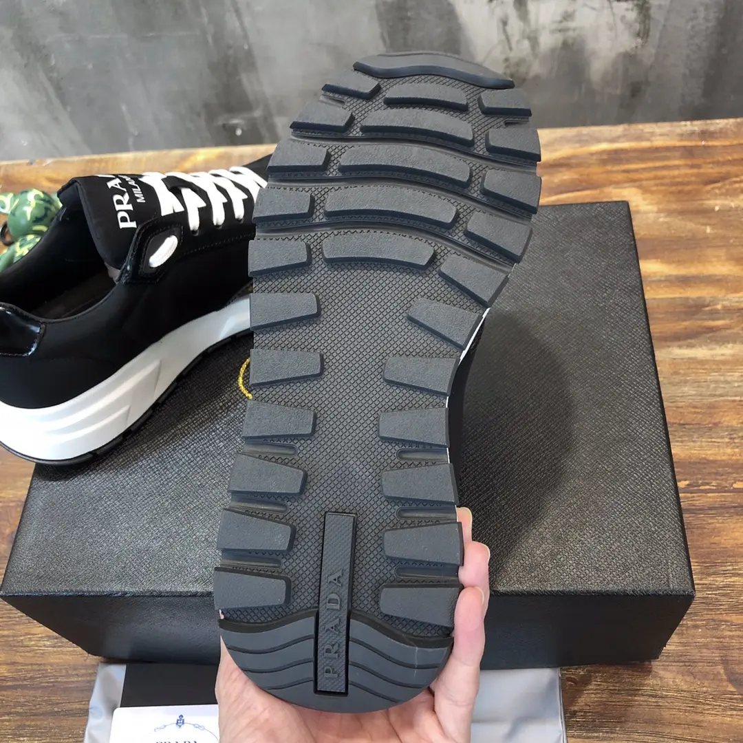 Prada Men’s Casual Sneakers – Black and White, Waterproof Fabric,  Leather Lining, Replica Prada Shoes, High Quality Sneakers, Sizes 38-44 (Custom 45 Non-Returnable Affordable 200