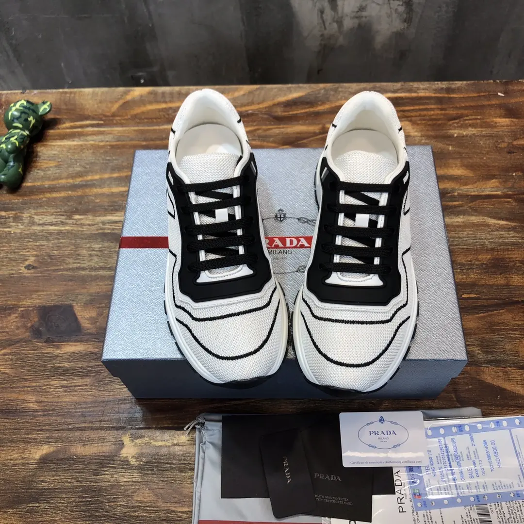 Prada Men’s White and Black Knit Sneakers 2022 – , Breathable Replica Prada Shoes, High Quality Rep Sneakers, Sizes 38- SunProtective 182