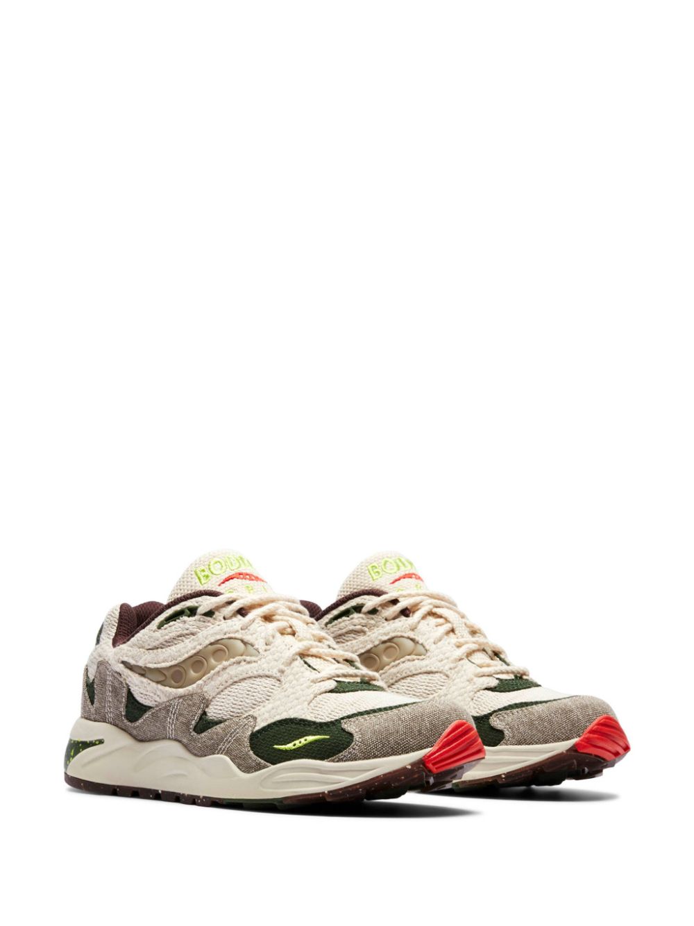 TB Saucony x Bodega Grid Shadow 2 "Jaunt Woven - Hemp Acid Lime Red Alert Gum" sneakers 