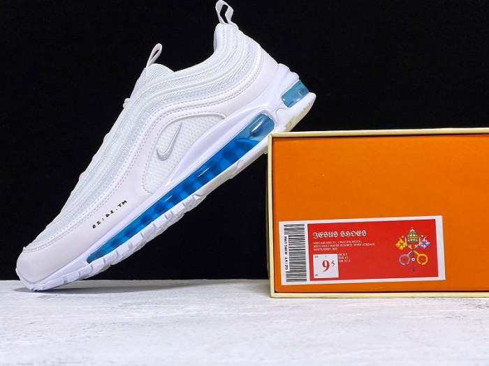 KICKWHO MSCHF X INRI X NIKE AIR MAX 97 'JESUS SHOES' CUSTOM WHITE BLUE 921826-101JSUS