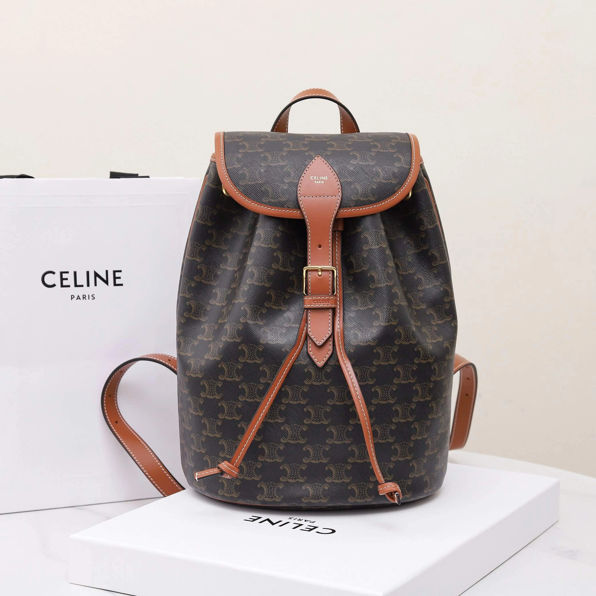 GoodFit CELINE FOLCO Logo Print Calfskin Medium Backpack 2583