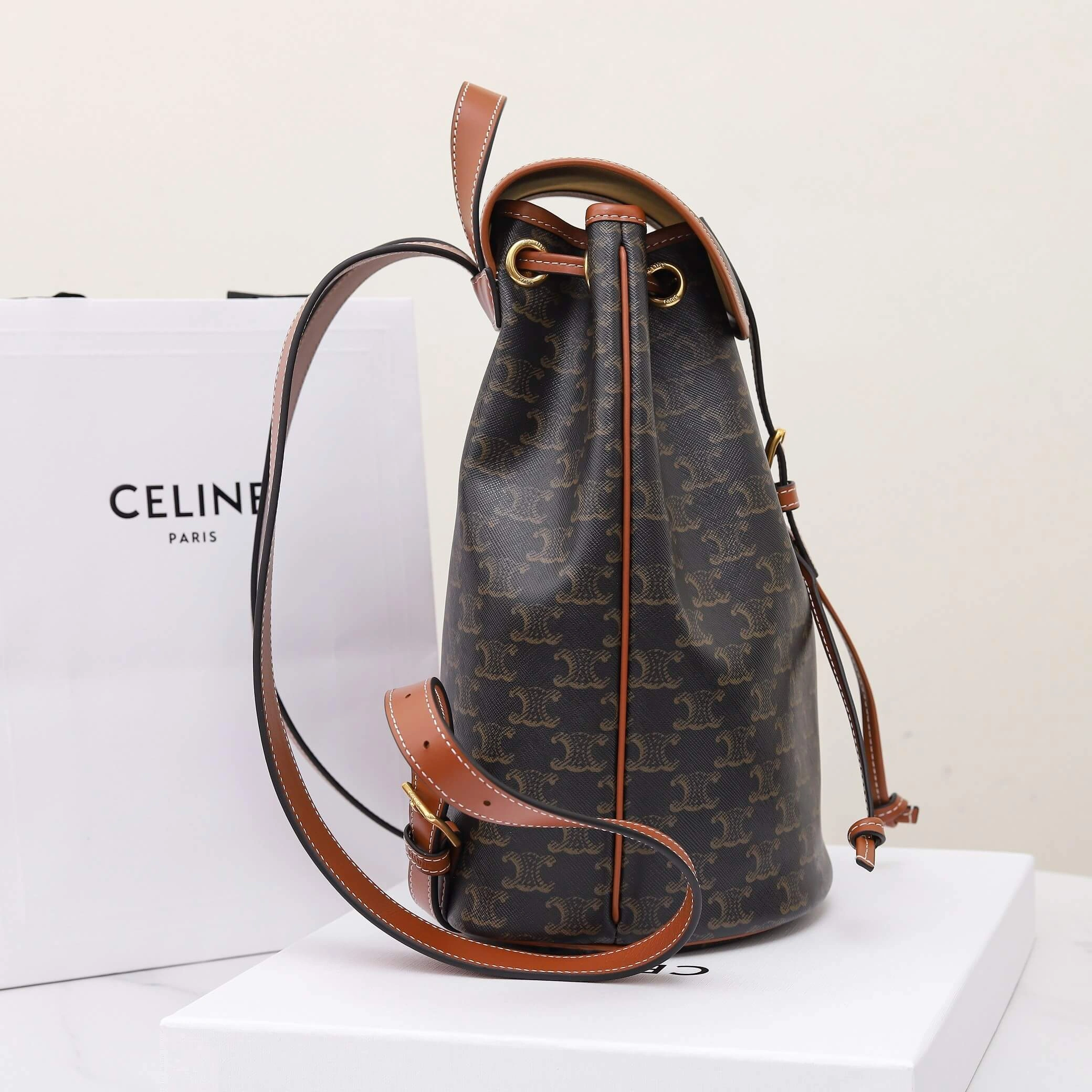 GoodFit CELINE FOLCO Logo Print Calfskin Medium Backpack 2583