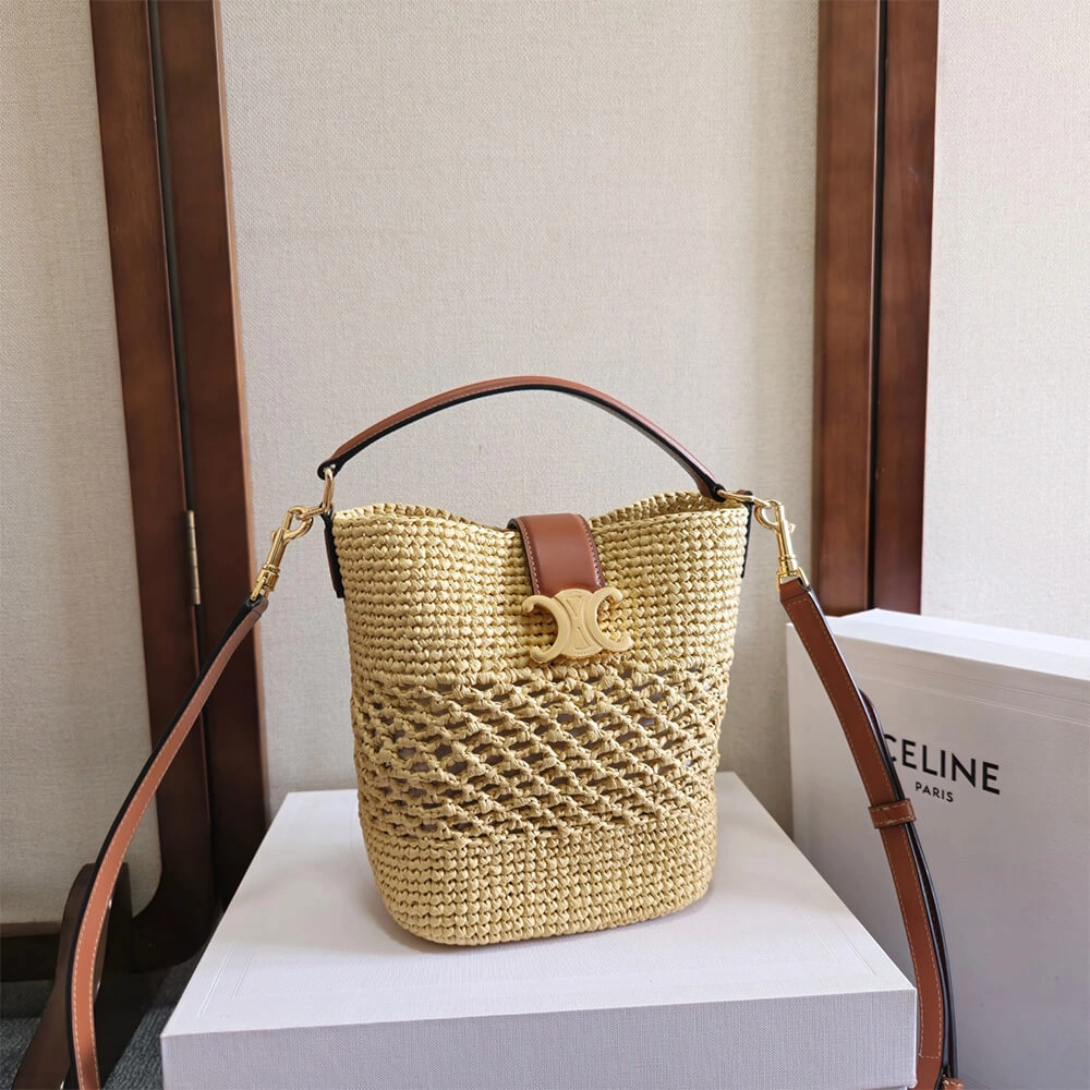 CELINE SMALL LOUISE BUCKET IN RAFFIA AND CALFSKIN(HIGH-END GRADE) Unique 2514