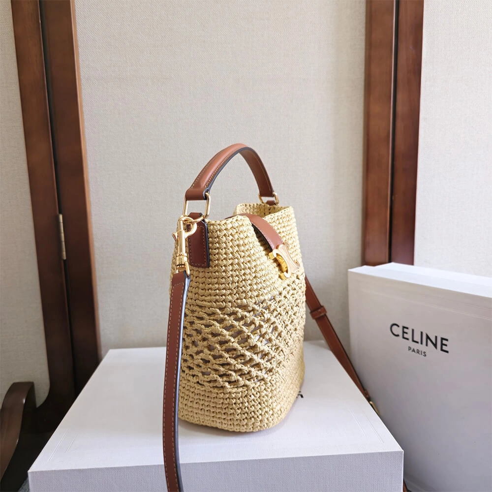 CELINE SMALL LOUISE BUCKET IN RAFFIA AND CALFSKIN(HIGH-END GRADE) Unique 2514