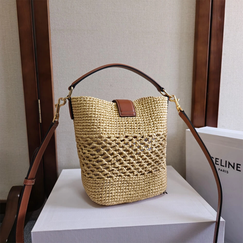 CELINE SMALL LOUISE BUCKET IN RAFFIA AND CALFSKIN(HIGH-END GRADE) Unique 2514