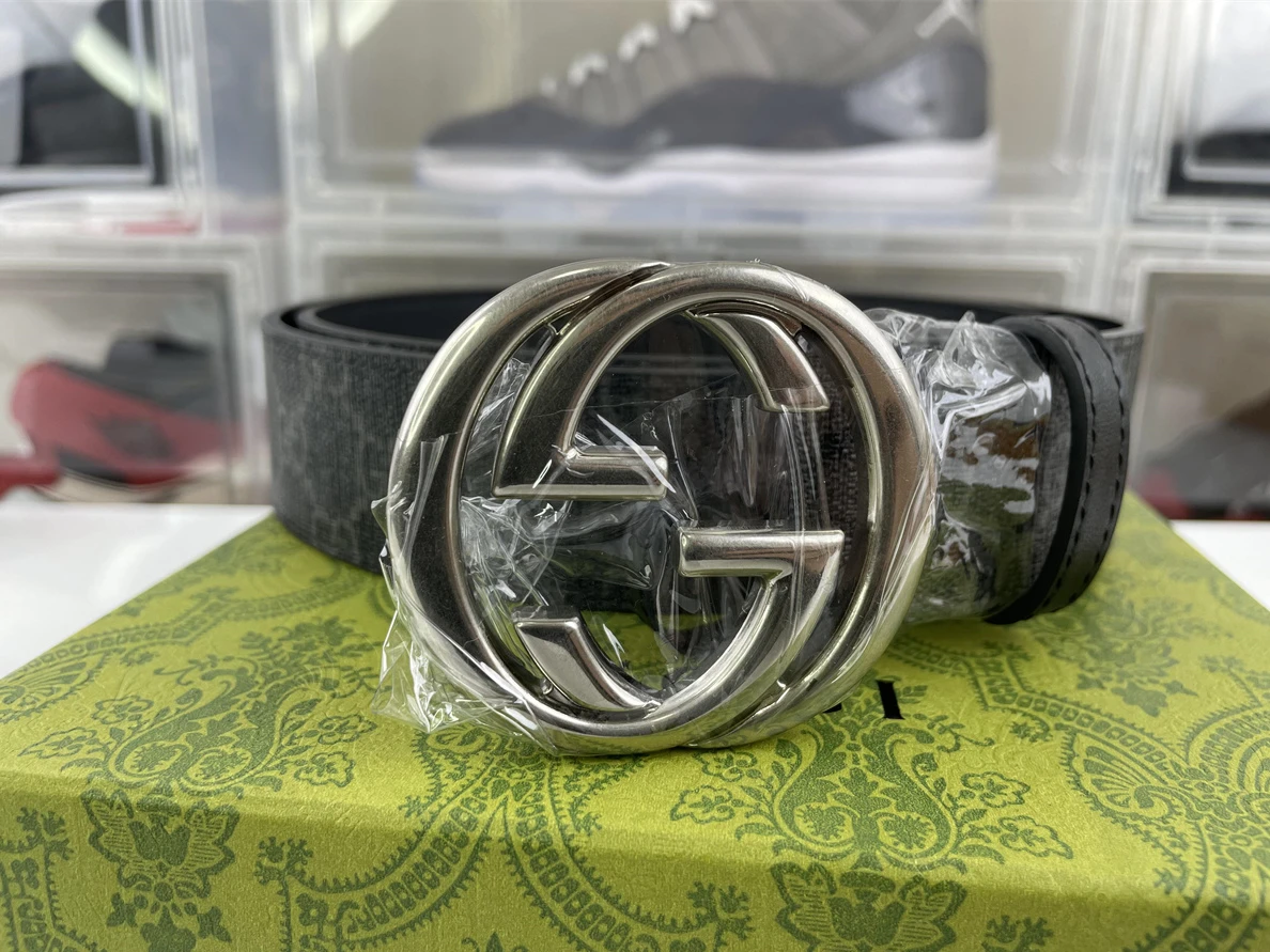 EasyMatch 4738 GUCCI mens Belt Silver Head Black-Grey Leahter 49
