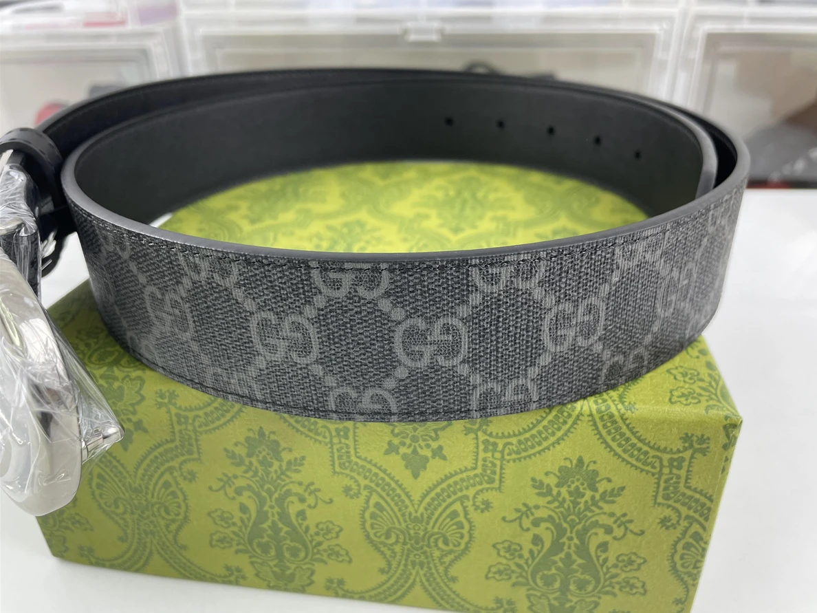 EasyMatch 4738 GUCCI mens Belt Silver Head Black-Grey Leahter 49