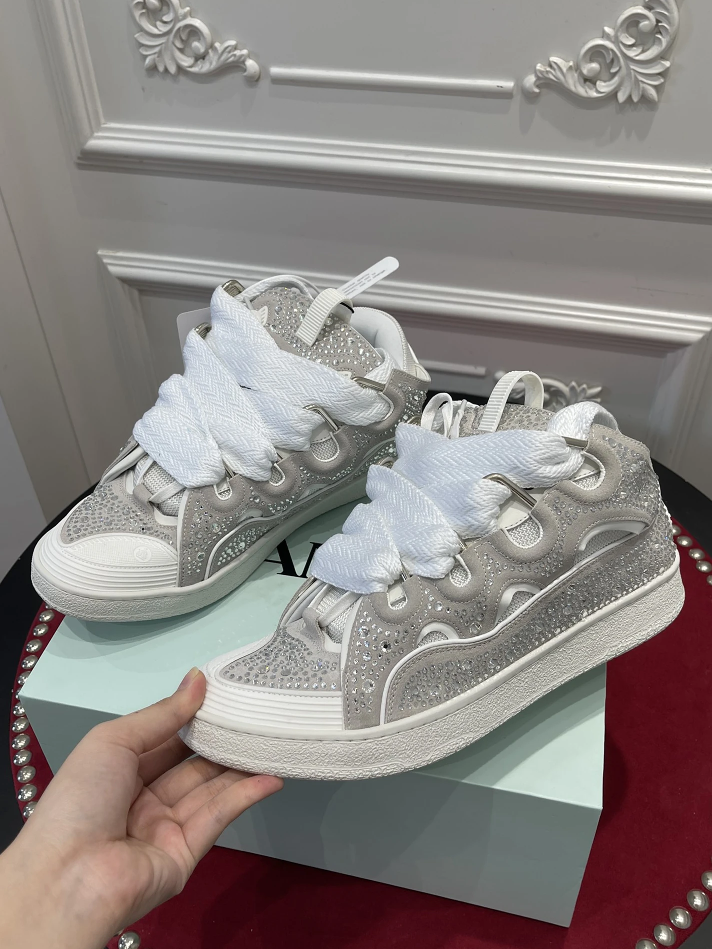 Lanvin Curb Sneaker White Rhinestone FMSKRK11STRAP22 GoodFit 1507