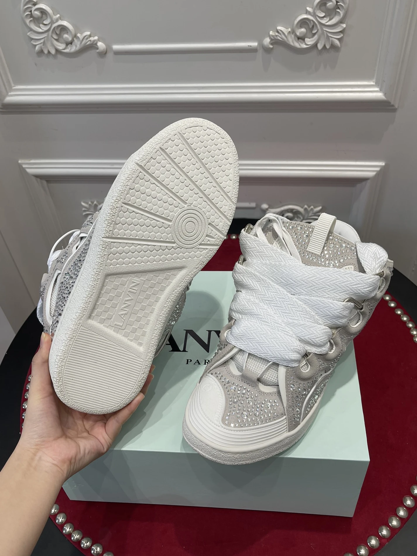 Lanvin Curb Sneaker White Rhinestone FMSKRK11STRAP22 GoodFit 1507