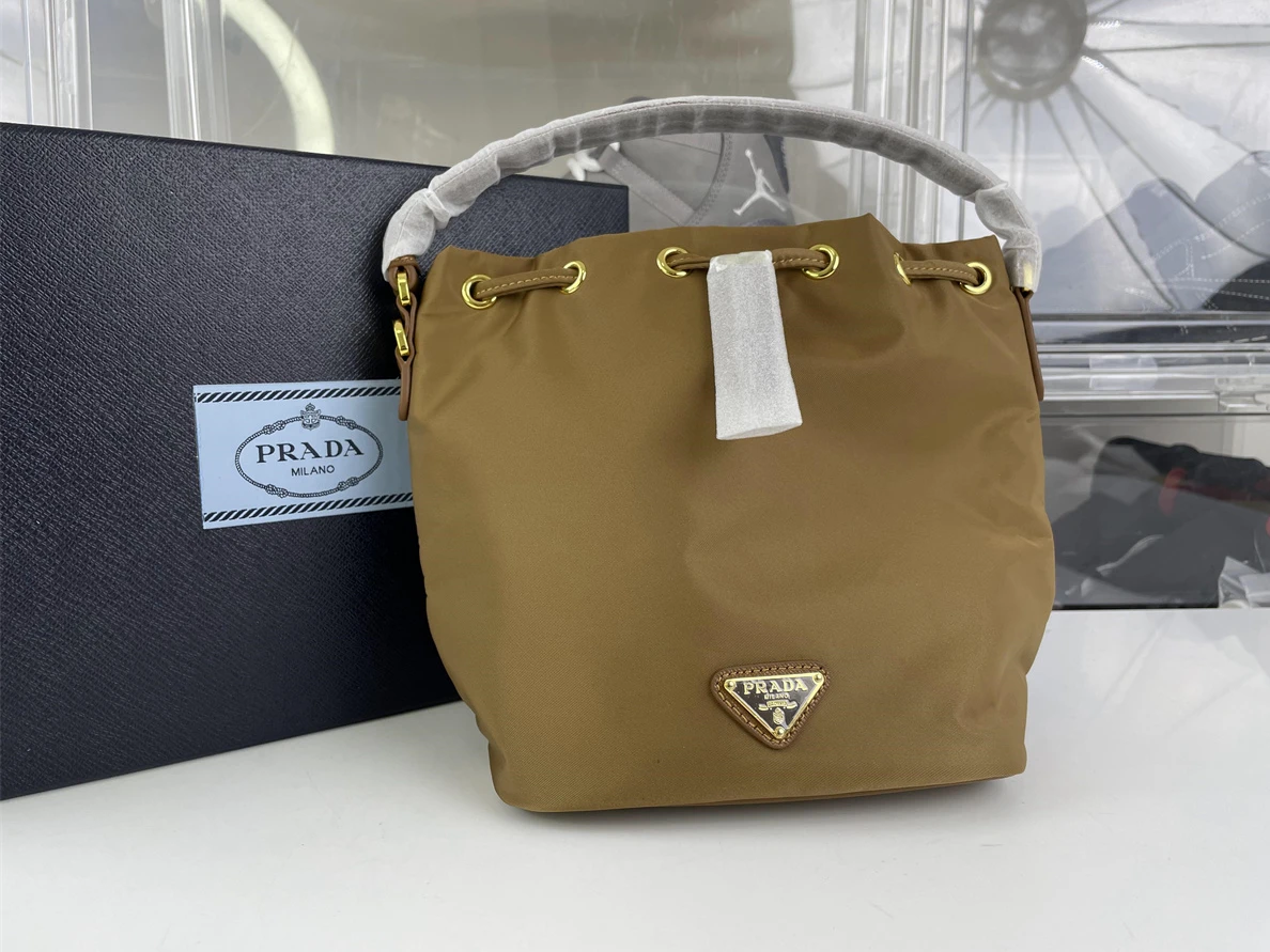 SmartChoice Prada Brown Nylon Bucket bag, 19.5x 15.5 x10 cm 3527