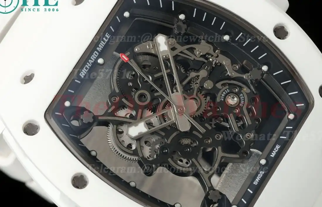 RM055 White Ceramic Skeleton Dial On White Rubber Strap T+F RMUL2