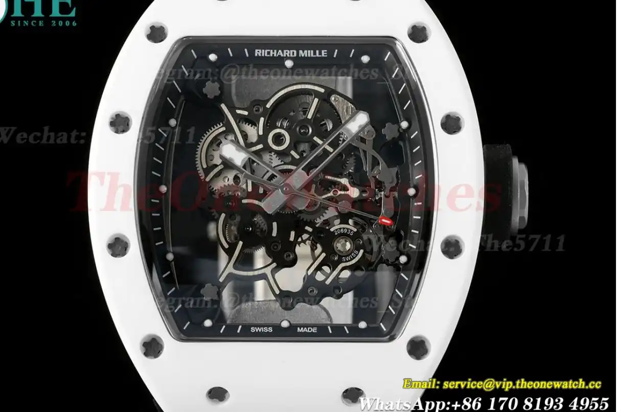 RM055 White Ceramic Black Skeleton Dial On Black Rubber Strap T+F RMUL2