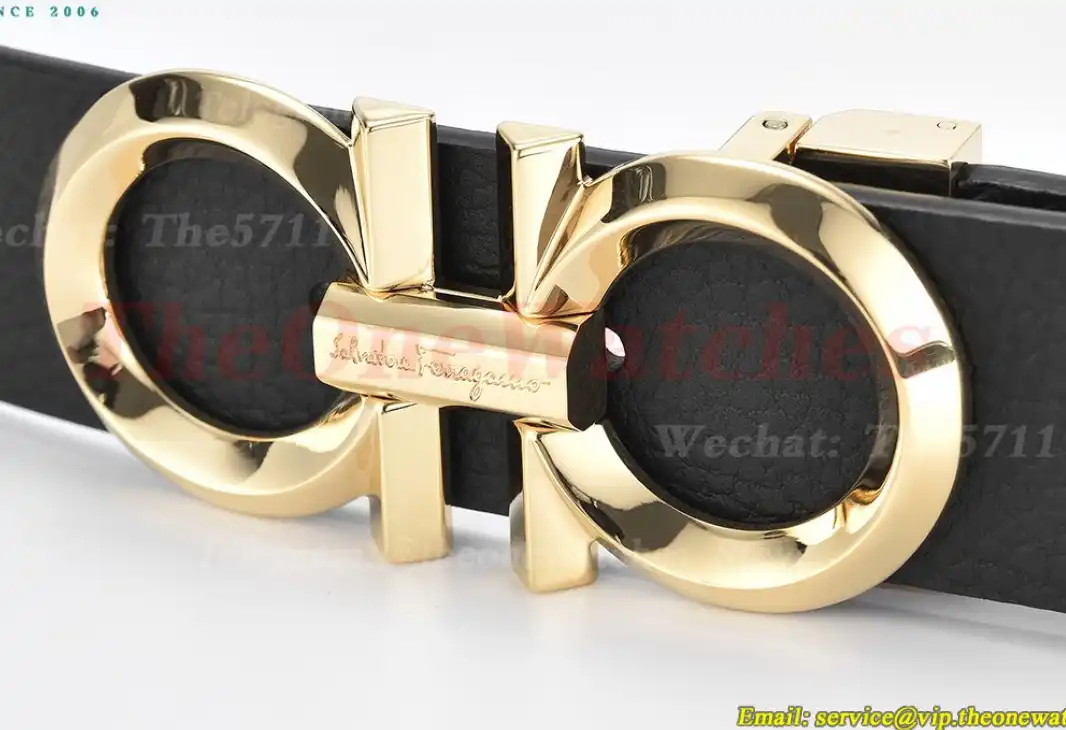 YG Brass Buckle on Black Blue Leather Belt 3.5cm