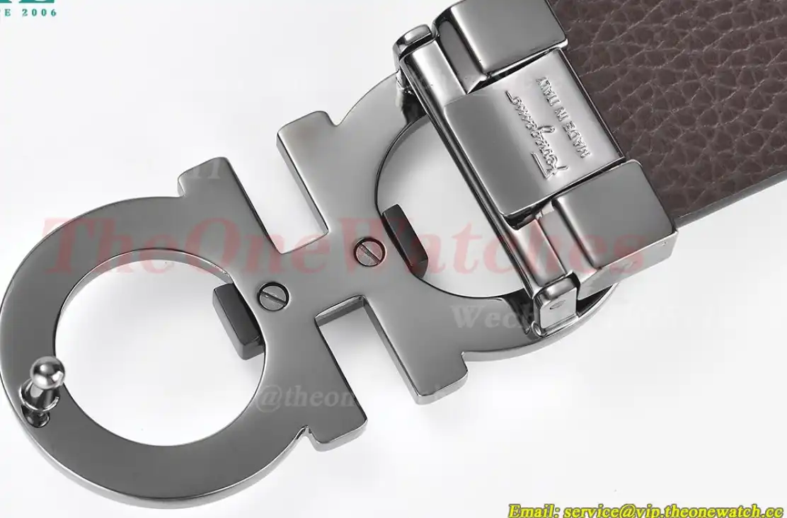 Bright Grey Brass Buckle on Black Brownish Leather Belt 3.5cm