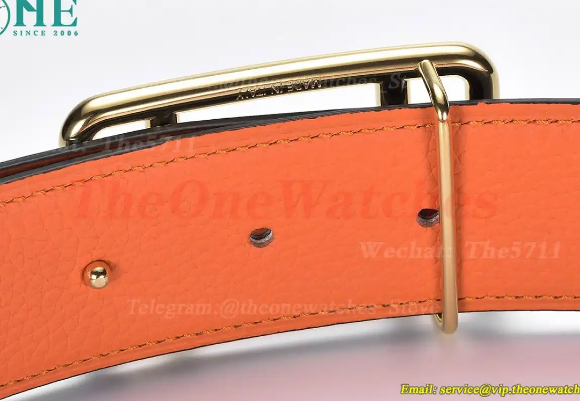 YG Hermes SS Buckle on Orange Black Leather Belt 3.8cm