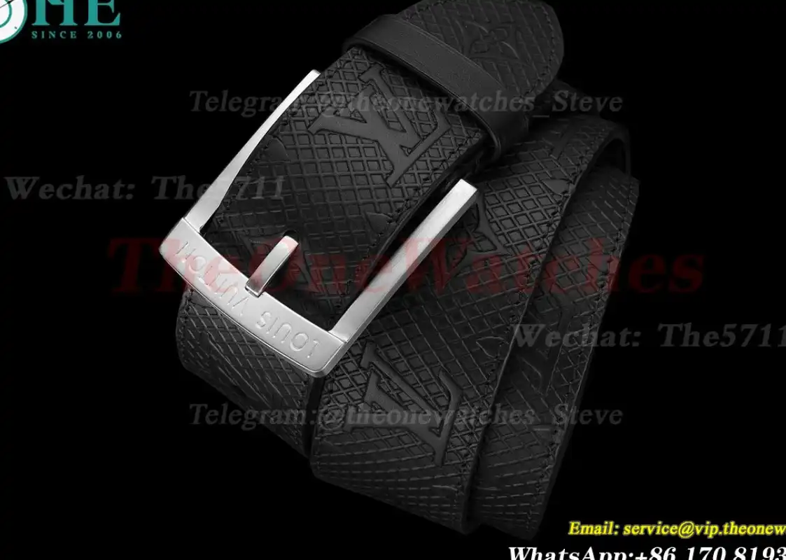 Silver LV SS Buckle on Black Checkered Leather Belt 3.5cm