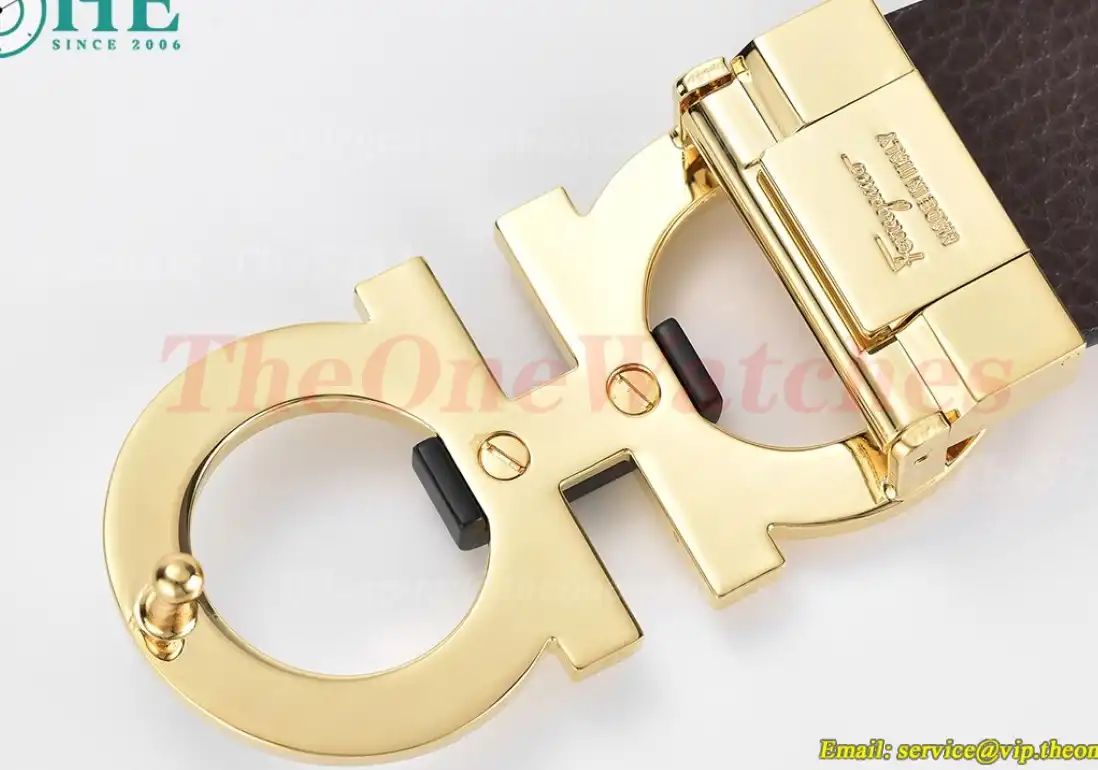 YG Brass Buckle on Black Brownish Leather Belt 3.5cm