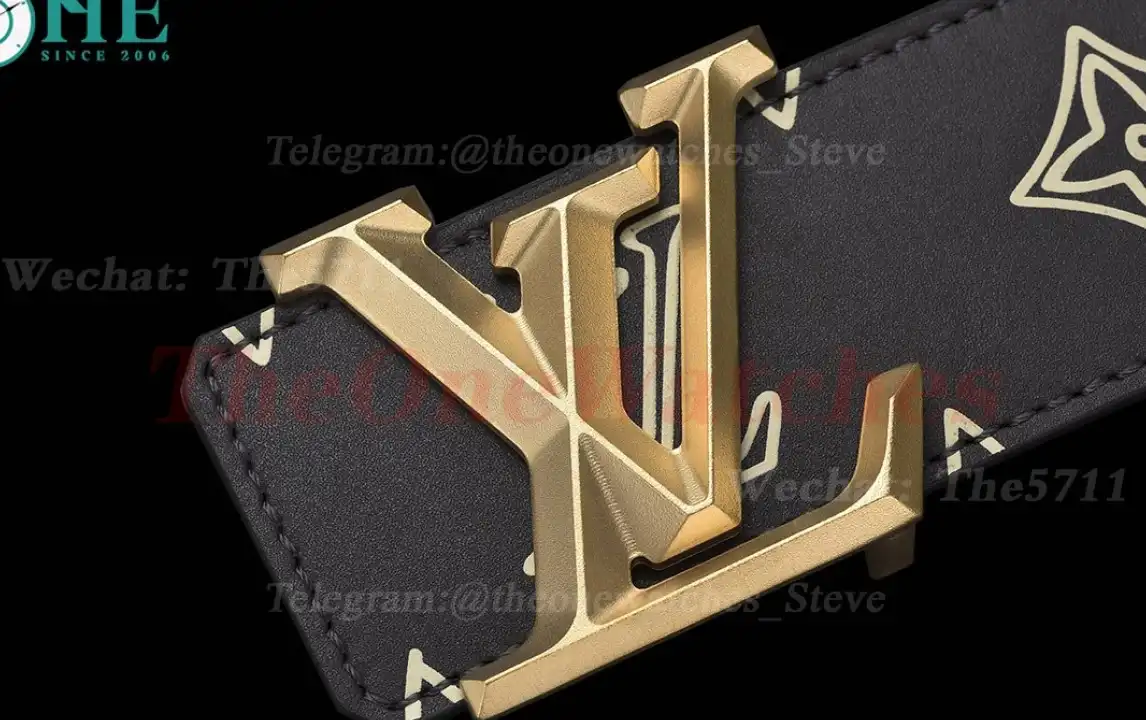 Yellow Gold LV Brass Buckle on Black Leather Belt 4.0cm