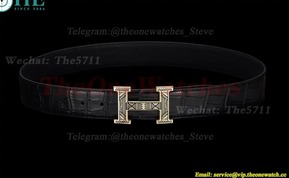 YG Hermes SS Buckle on Black Leather Belt 3.8cm