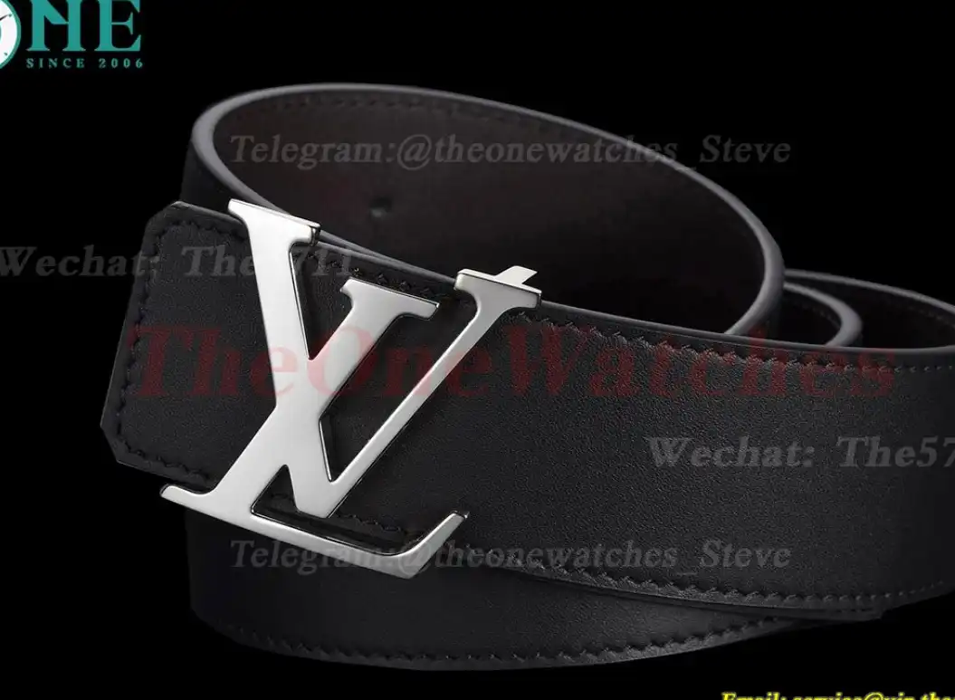 Silver LV Brass Buckle on Black Leather Belt 4.0cm