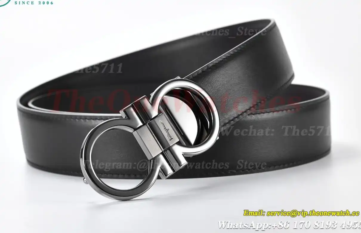 Bright Grey Brass Buckle on Black Black Leather Belt 3.5cm