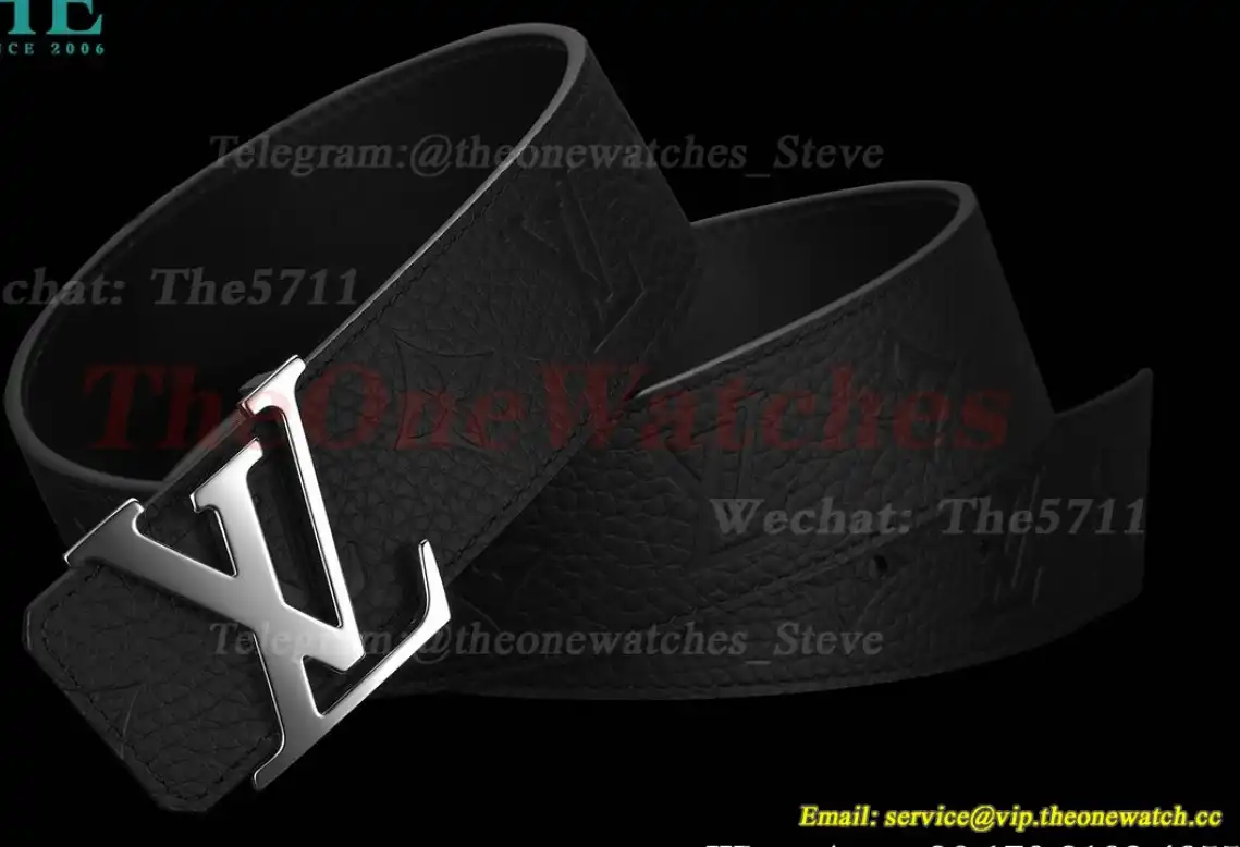 Silver LV Brass Buckle on Black Leather Belt 4.0cm