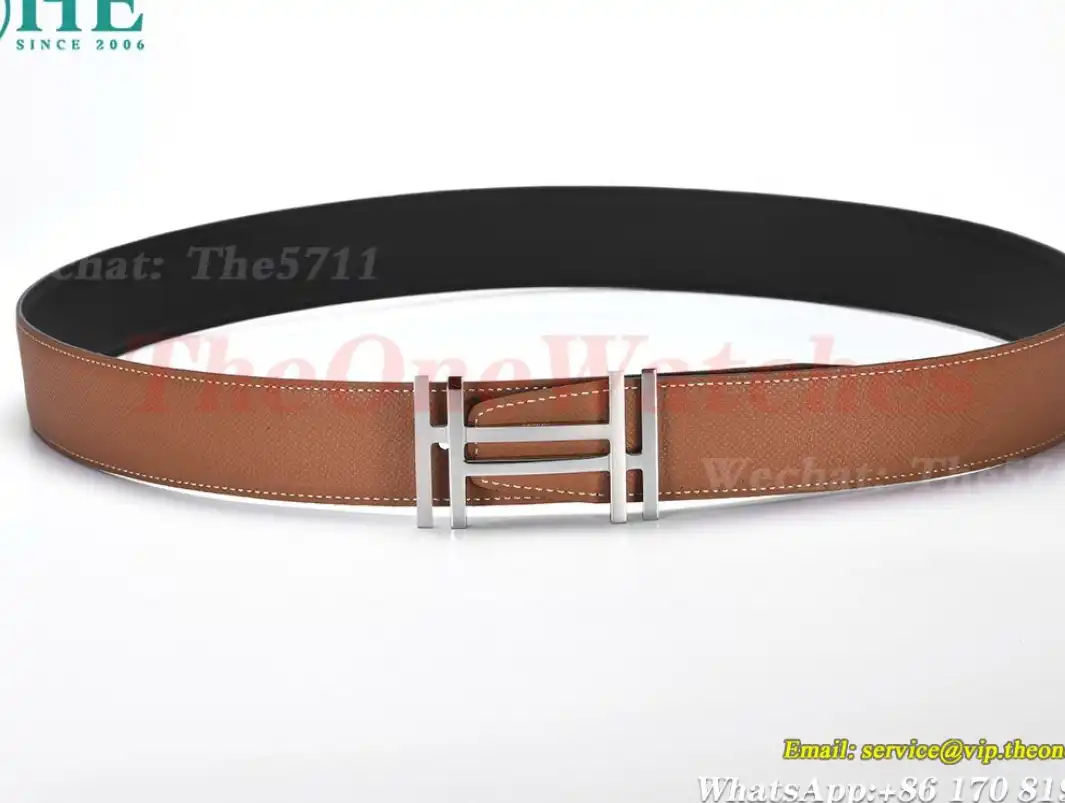 Silver Hermes SS Buckle on Brown Black Leather Belt 3.8cm