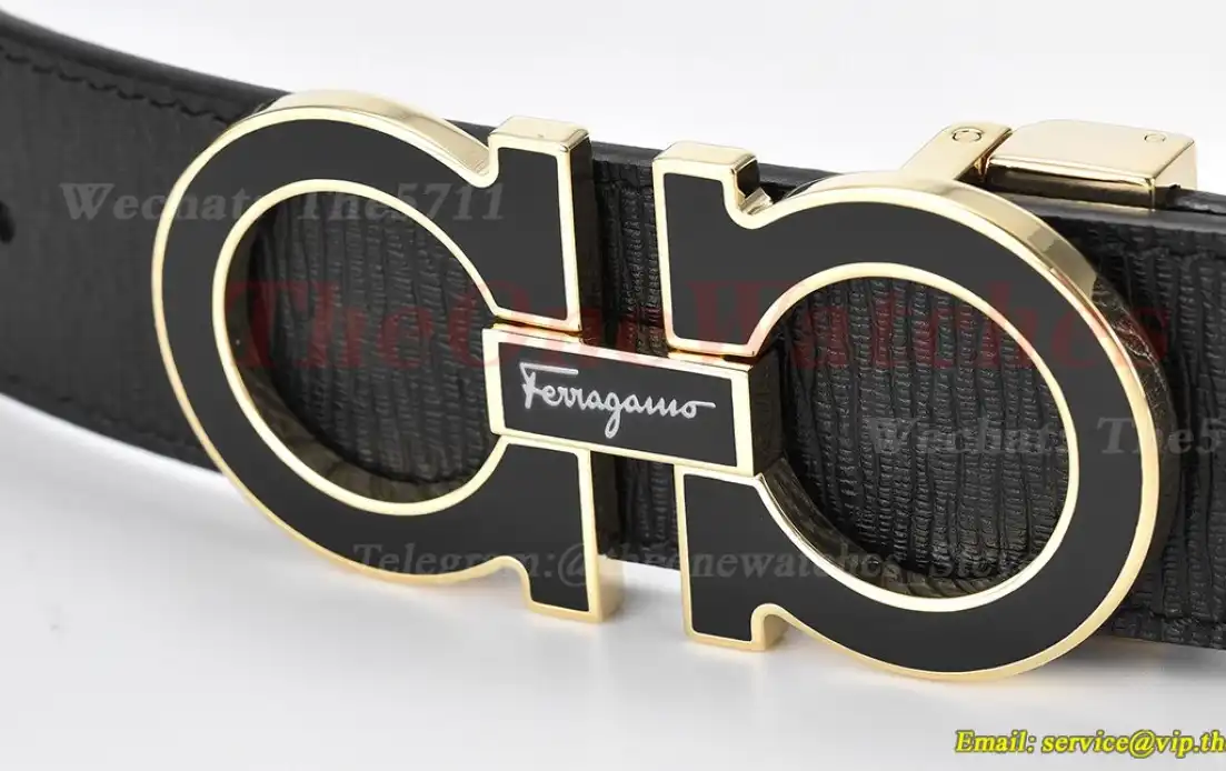 PVD YG Brass Buckle on Black Blue Leather Belt 3.5cm