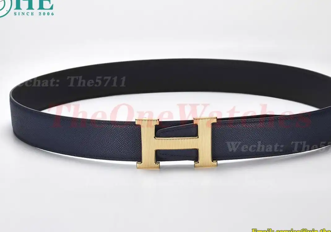 YG Hermes SS Buckle on Blue Black Leather Belt 3.8cm