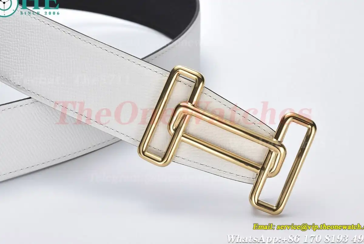 YG Hermes SS Buckle on White Black Leather Belt 3.8cm