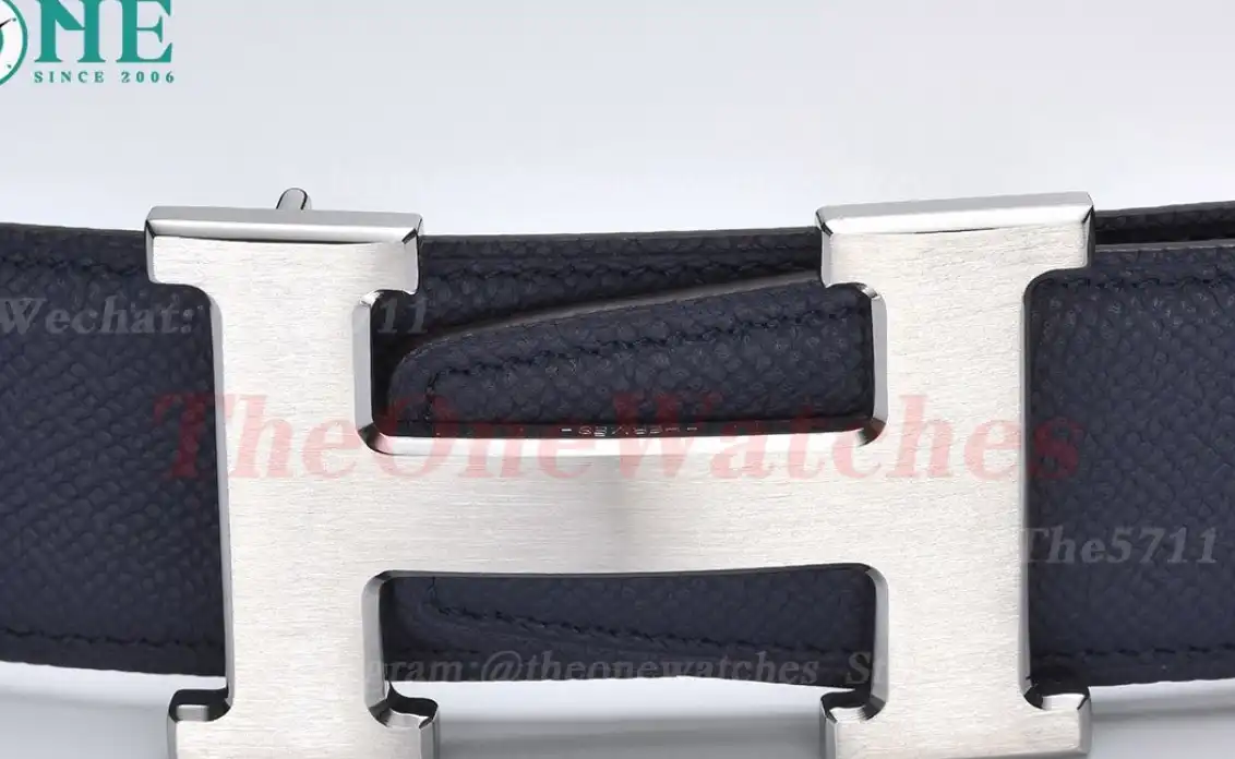 Silver Hermes SS Buckle on Blue Black Leather Belt 3.8cm