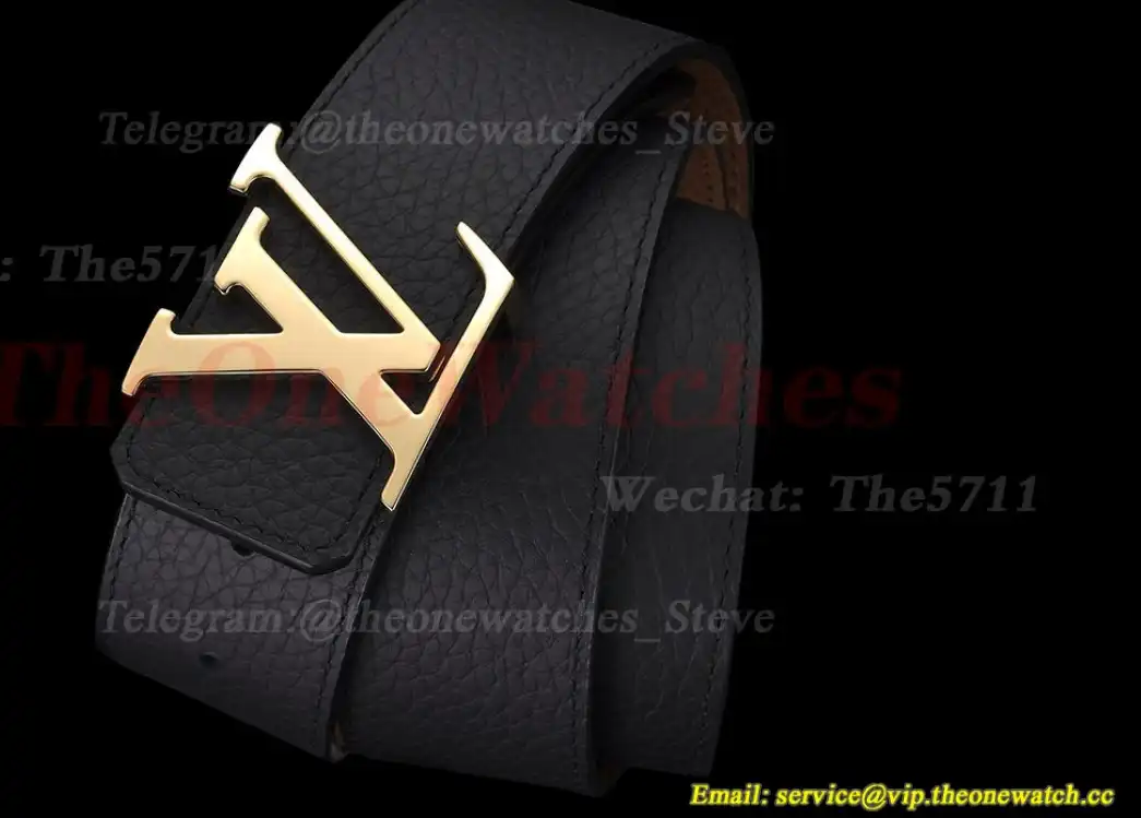 Yellow Gold LV Brass Buckle on Black Leather Belt 4.0cm