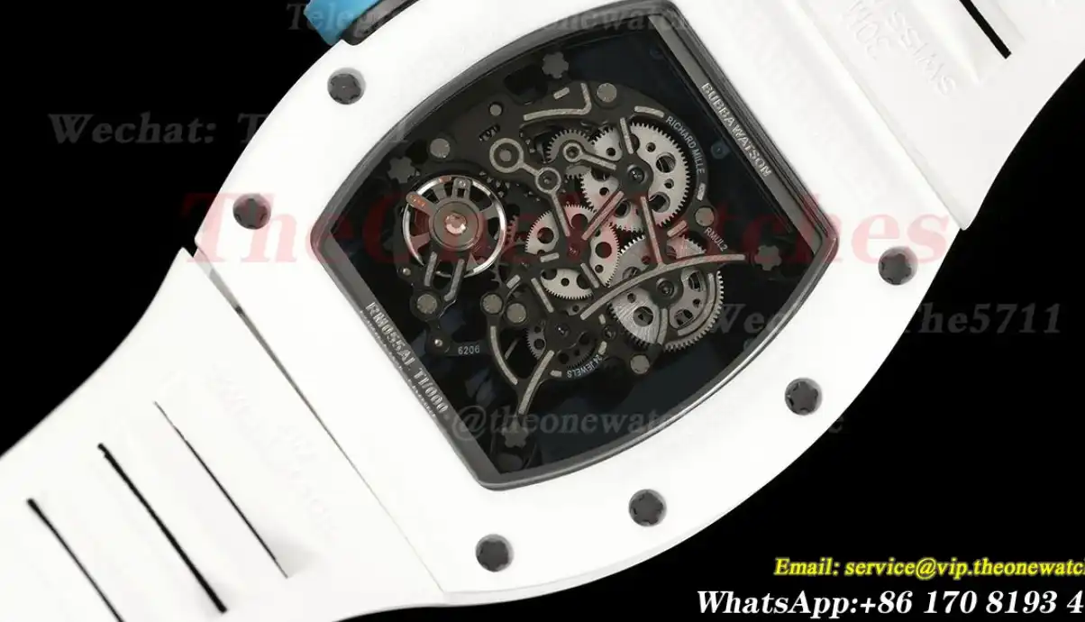 RM055 White Ceramic Blue Skeleton Dial On White Rubber Strap T+F RMUL2