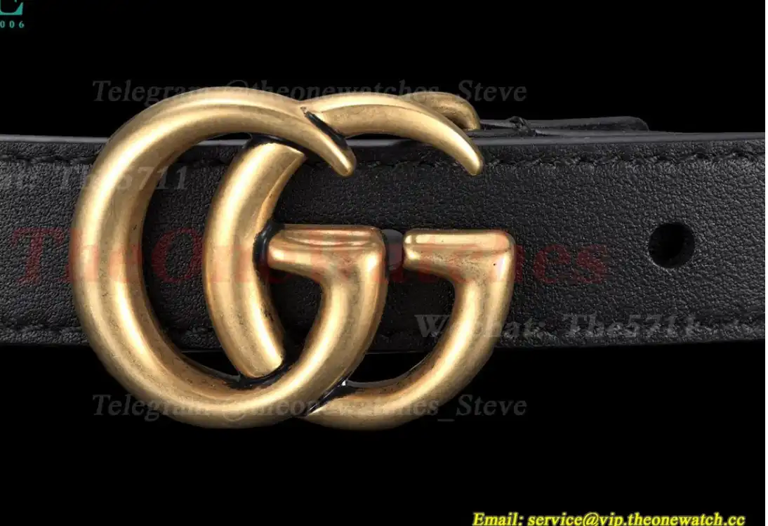 Gold Double G Buckle on Black Leather Belt 2.0cm