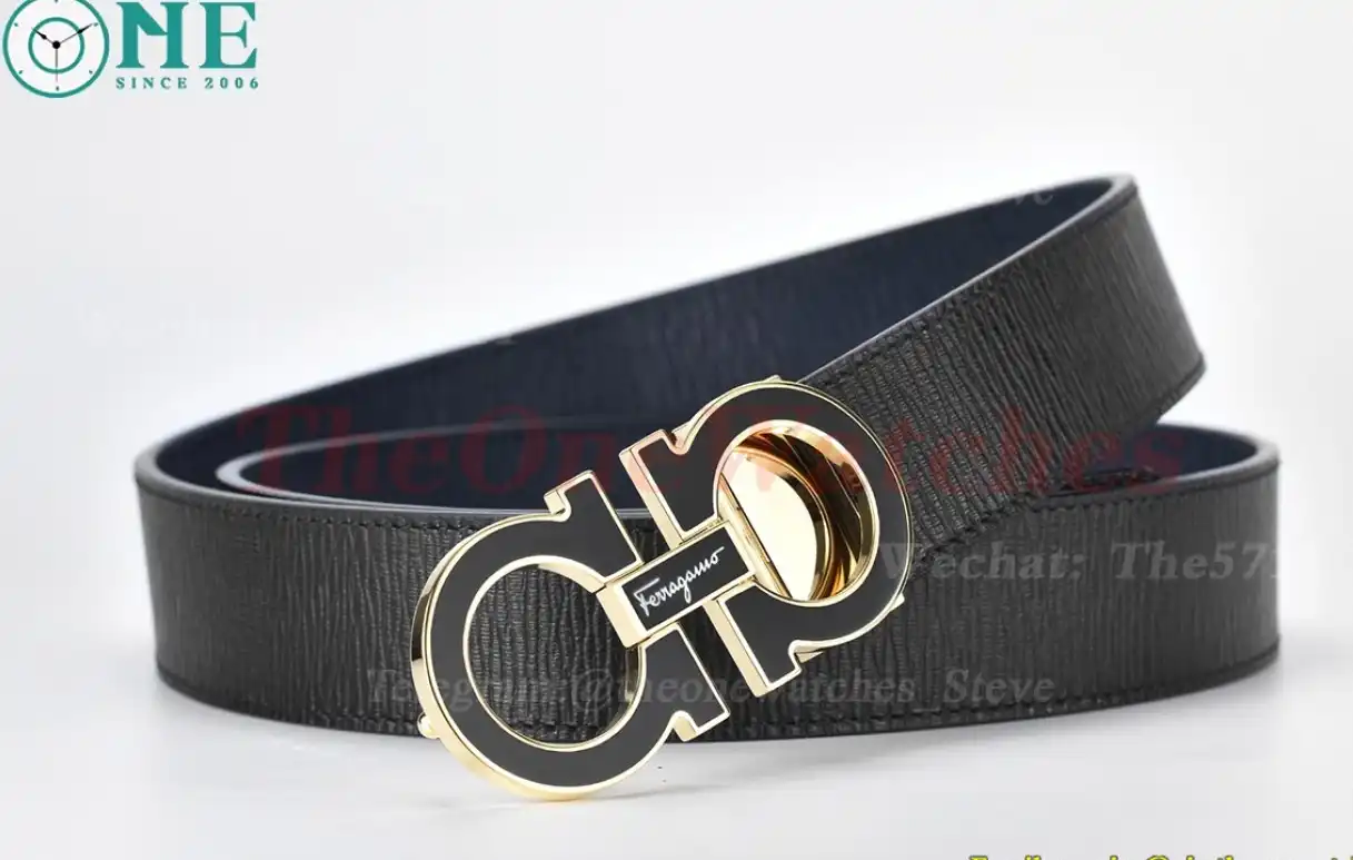 PVD YG Brass Buckle on Black Blue Leather Belt 3.5cm