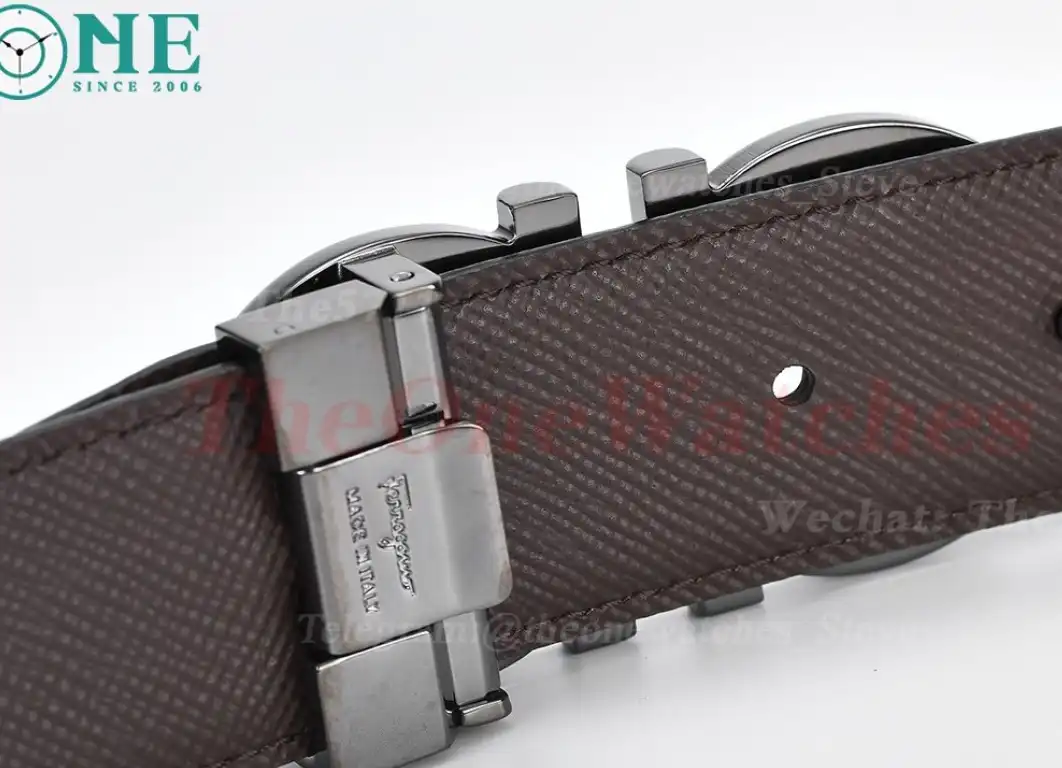 Bright Grey Brass Buckle on Black Brownish Leather Belt 3.5cm