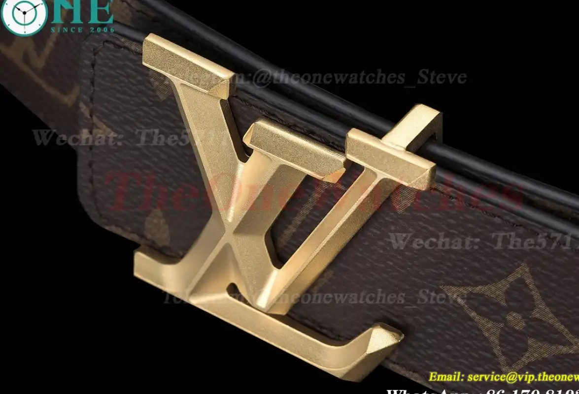 Yellow Gold LV Brass Buckle on Brown Leather Belt 4.0cm