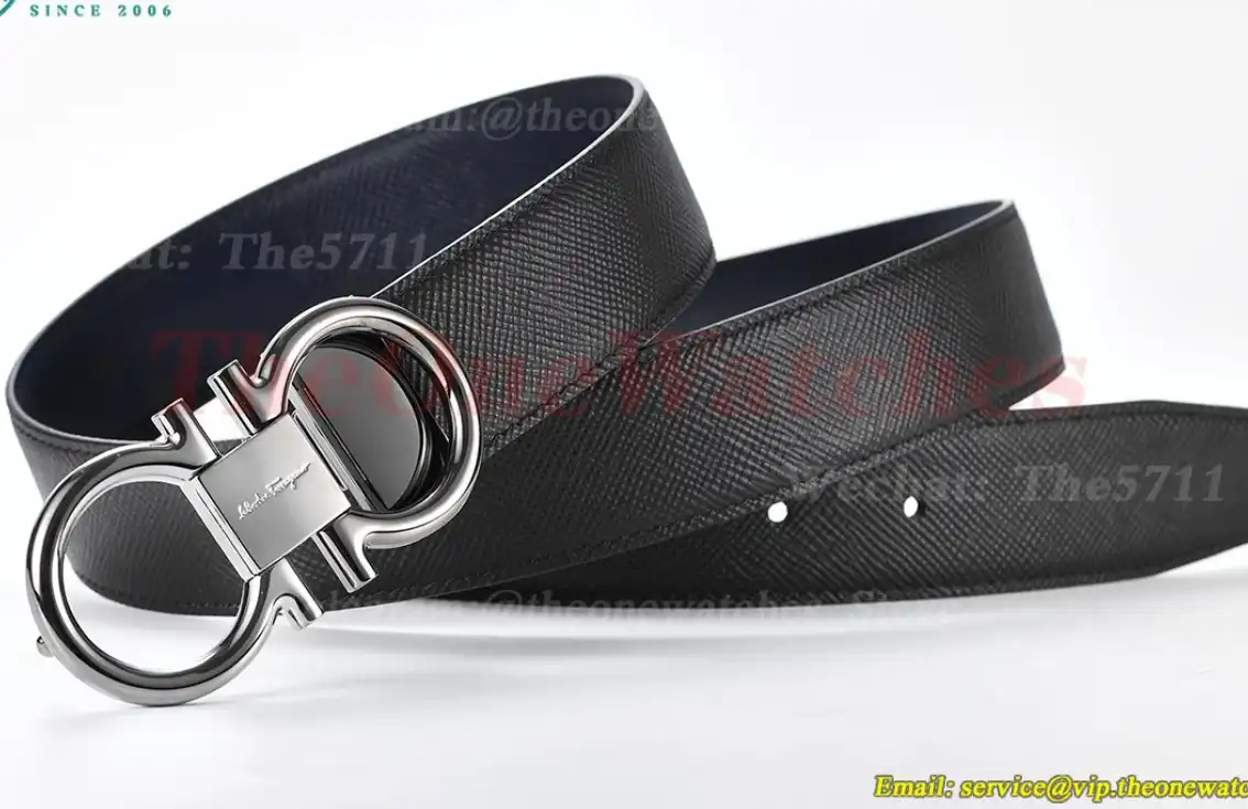 Bright Grey Brass Buckle on Black Blue Leather Belt 3.5cm