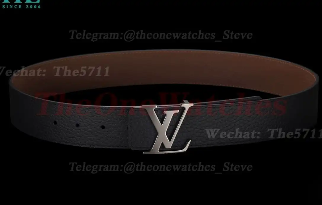 Bright Grey LV Brass Buckle on Black Leather Belt 4.0cm