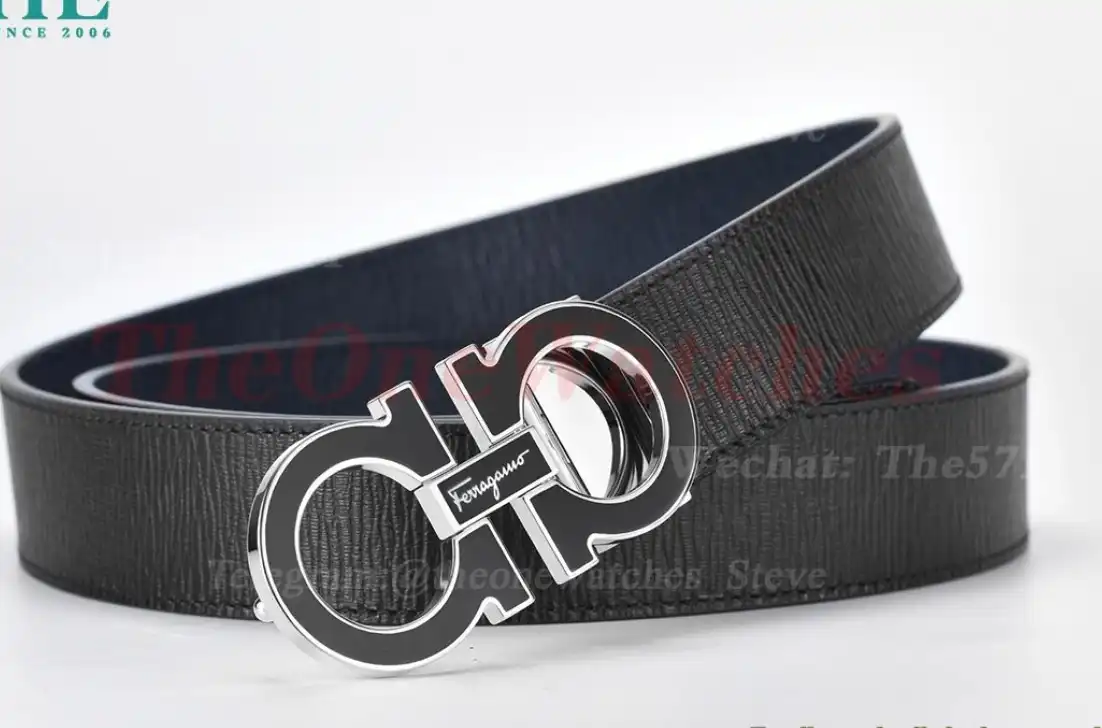 PVD Silver Brass Buckle on Black Blue Leather Belt 3.5cm