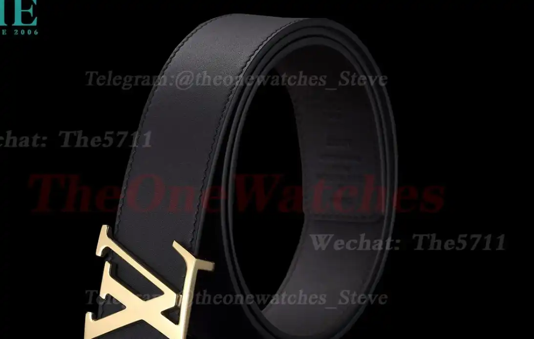 Yellow Gold LV Brass Buckle on Black Leather Belt 4.0cm