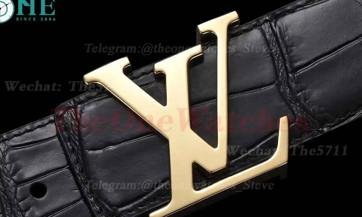 Yellow Gold LV Brass Buckle on Black Leather Belt 4.0cm