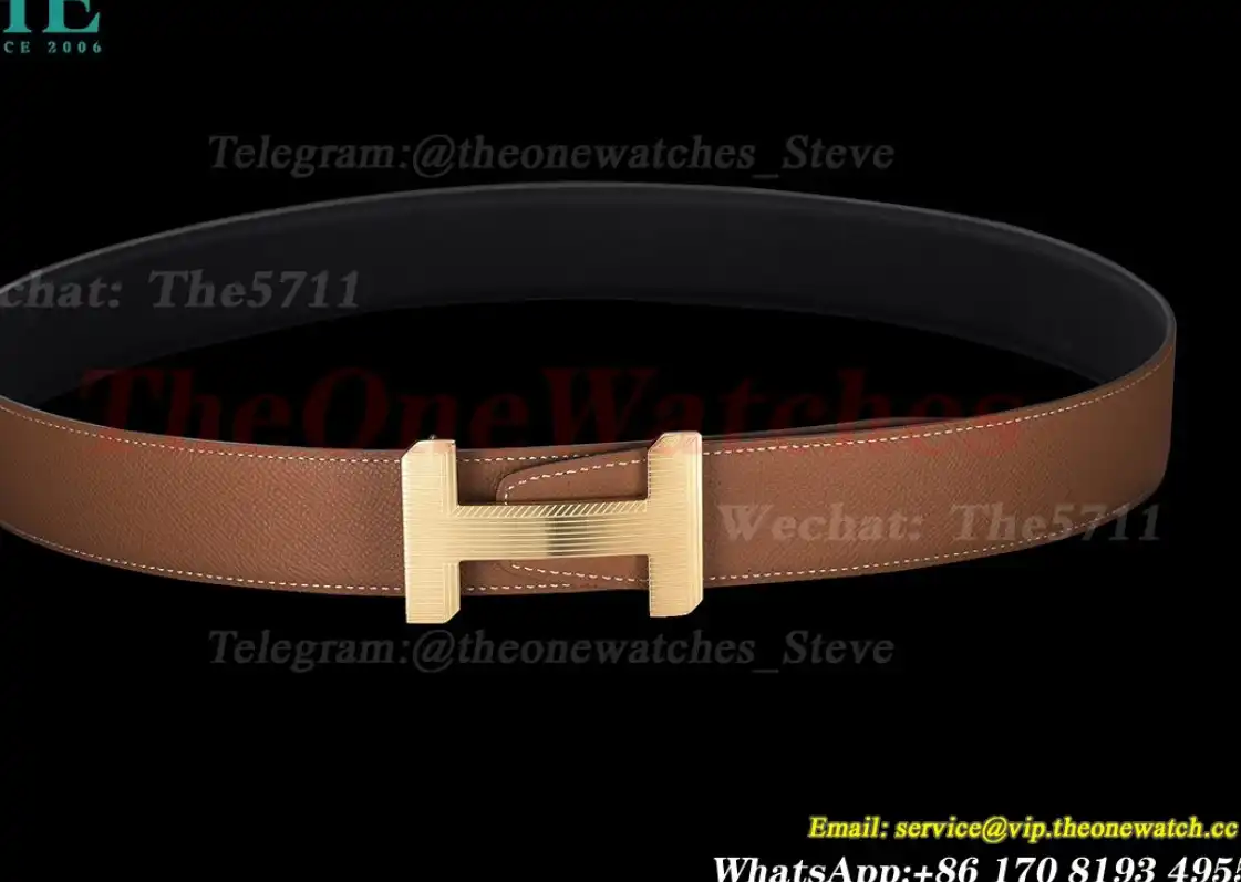 Yellow Gold Hermes SS Buckle on khaki Leather Belt 3.8cm