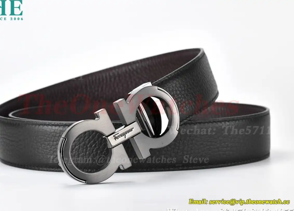 Bright Grey Brass Buckle on Black Brownish Leather Belt 3.5cm