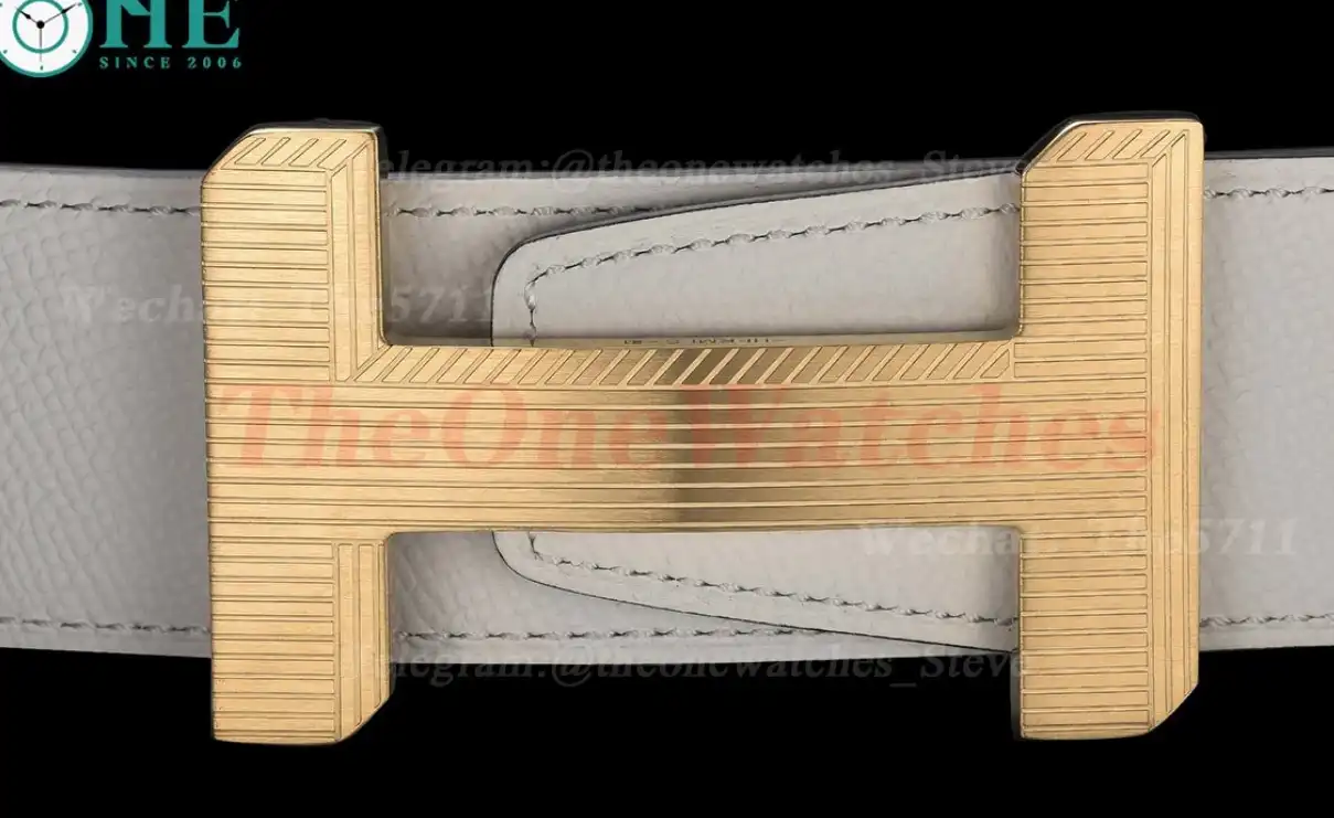 Yellow Gold Hermes SS Buckle on milky Leather Belt 3.8cm