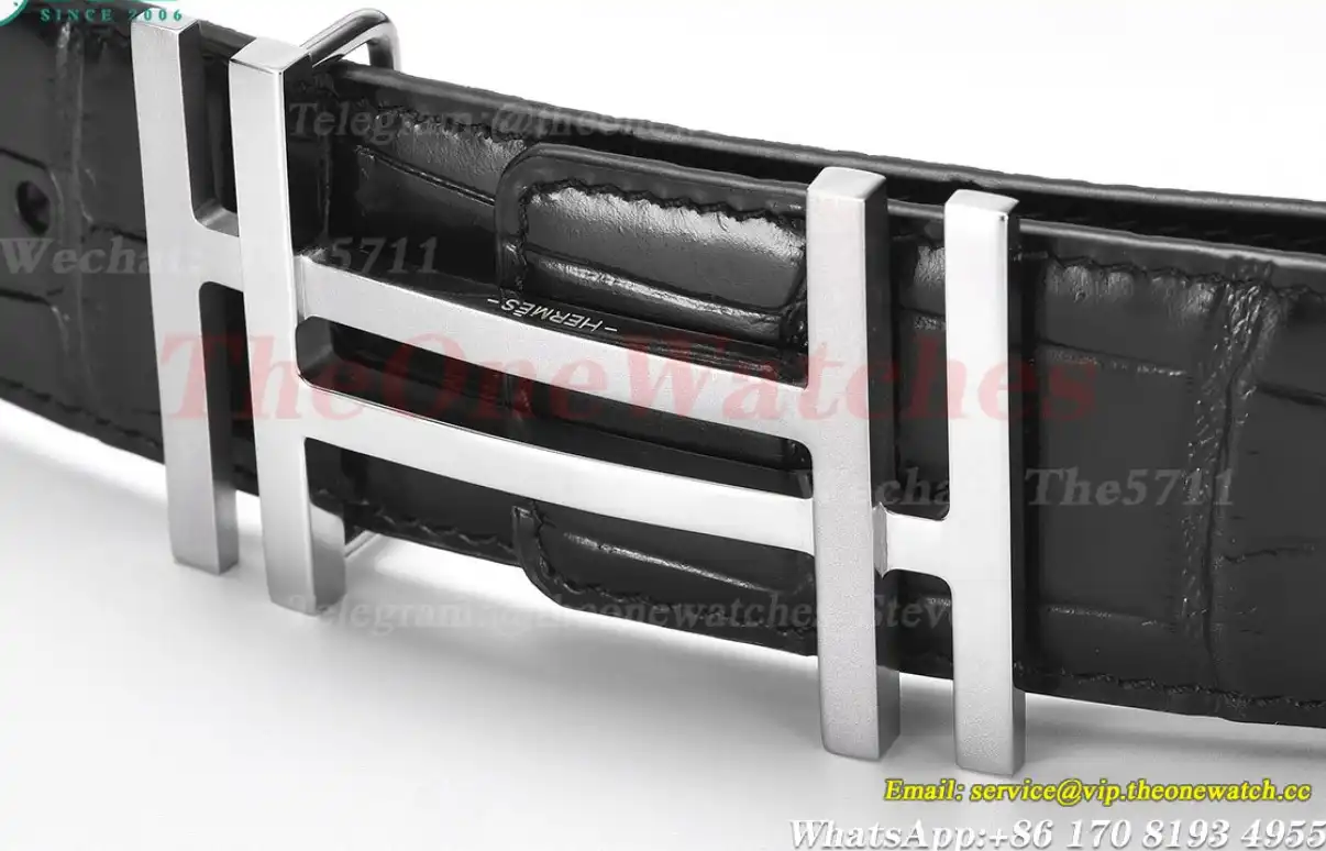 Silver Hermes SS Buckle on Black Black Leather Belt 3.8cm